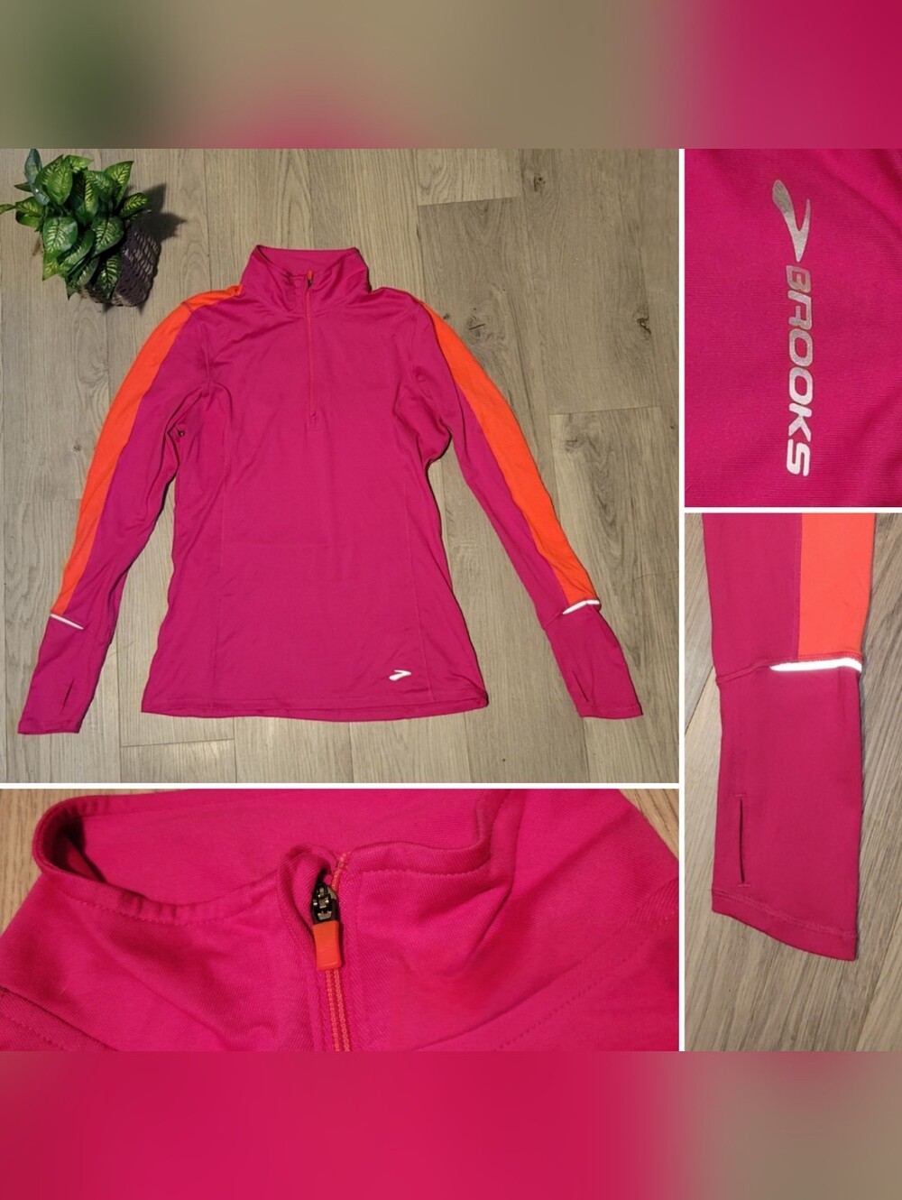 Brooks Half-Zip Pink & Orange Mock Neck Long Sleeve Built-in Thumb Holes, Small